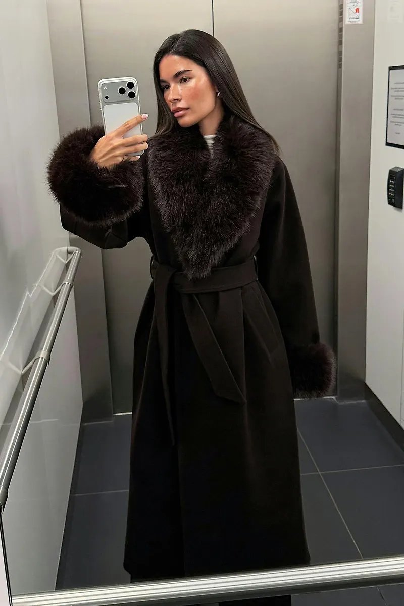 Gina Tricot - Faux fur collar long coat - kappor - Brun - S - Dam