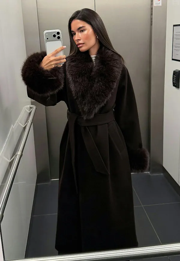 Gina Tricot - Faux fur collar long coat - kappor - Brun - S - Dam