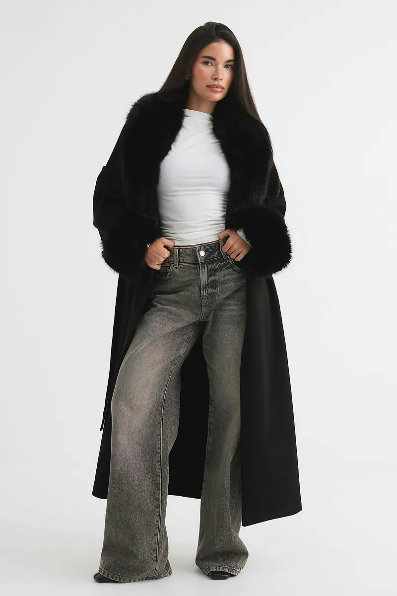 Gina Tricot - Faux fur collar long coat - kappor - Svart - M - Dam