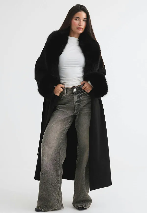 Gina Tricot - Faux fur collar long coat - kappor - Svart - M - Dam