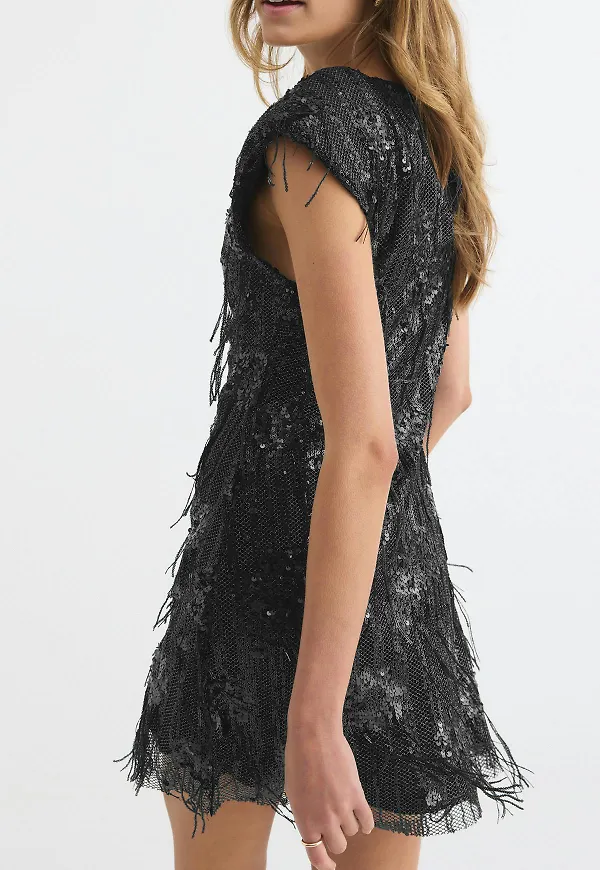 Gina Tricot - Fringe sequin mini dress - miniklänningar - Svart - XS - Dam