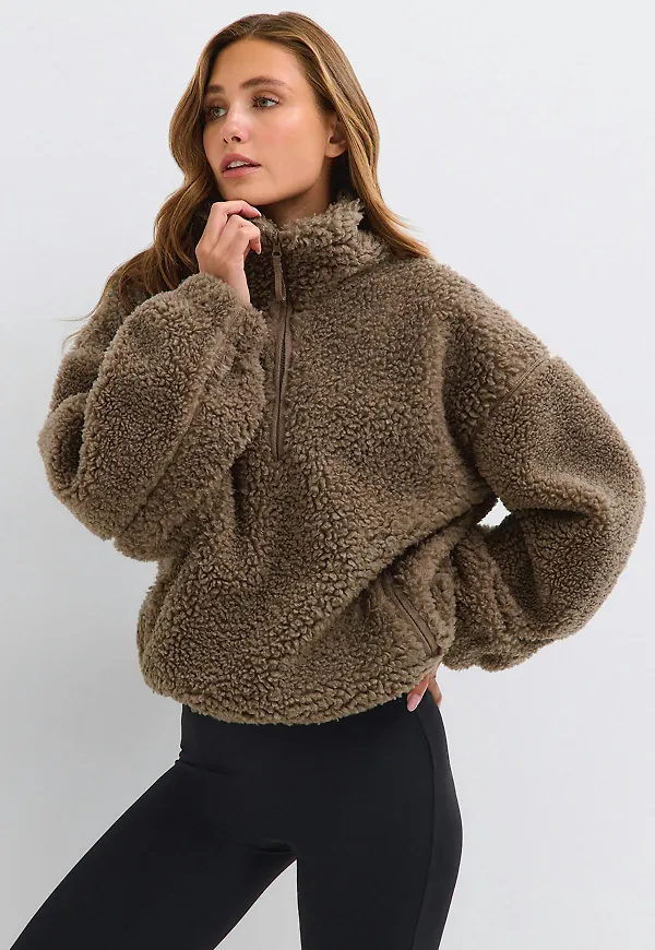 Gina Tricot - Half zip pile jacket - jackor - Brun - S - Dam