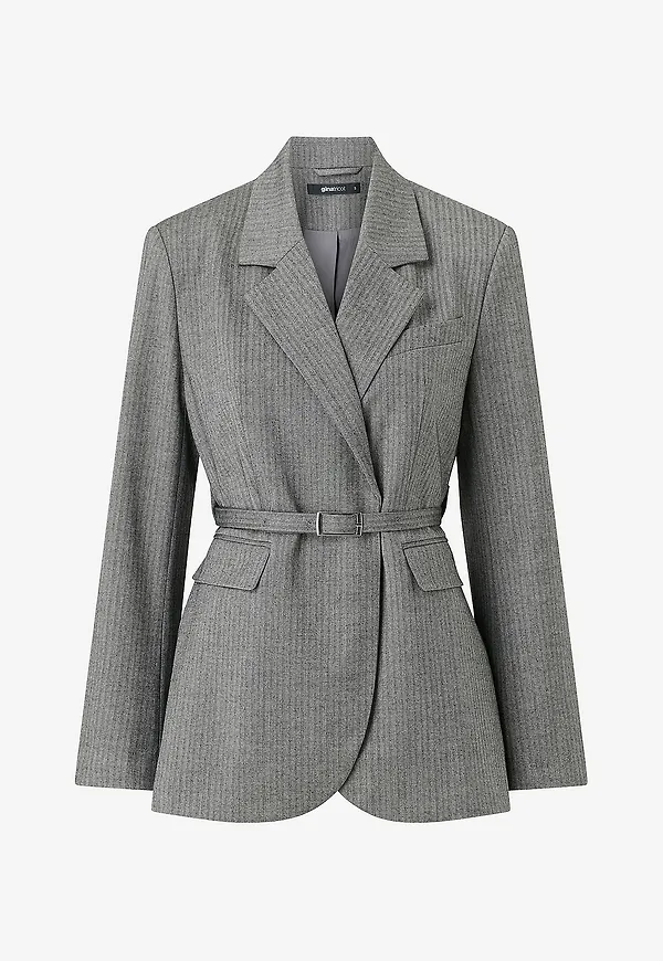 Gina Tricot - Kavaj Herringbone Belted Blazer - Grå