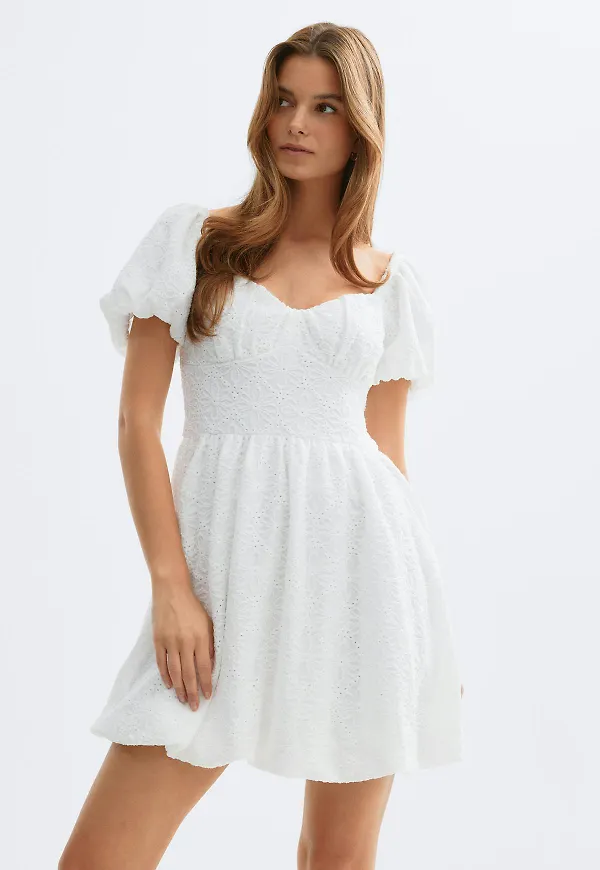 Gina Tricot - Puff sleeve mini dress - miniklänningar - Vit - S - Dam