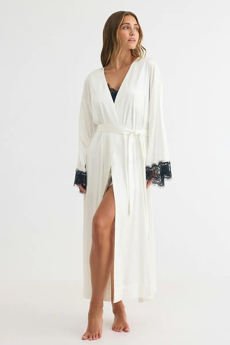 Gina Tricot - Satin lace loungewear robe - morgonrockar - Vit - S - Dam
