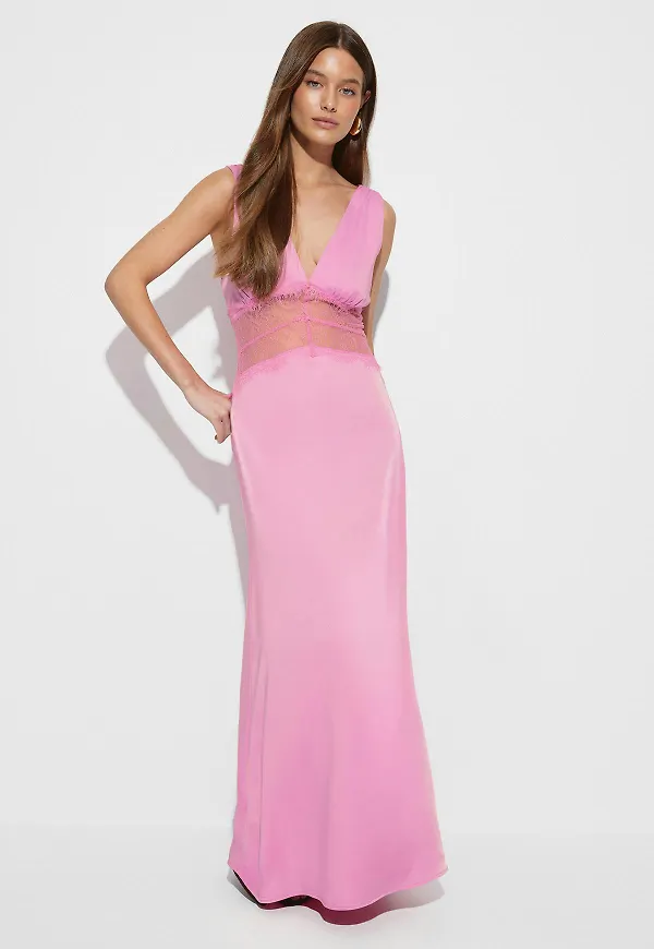 Gina Tricot - Satin lace maxi dress - Långklänningar - Rosa - 36 - Dam