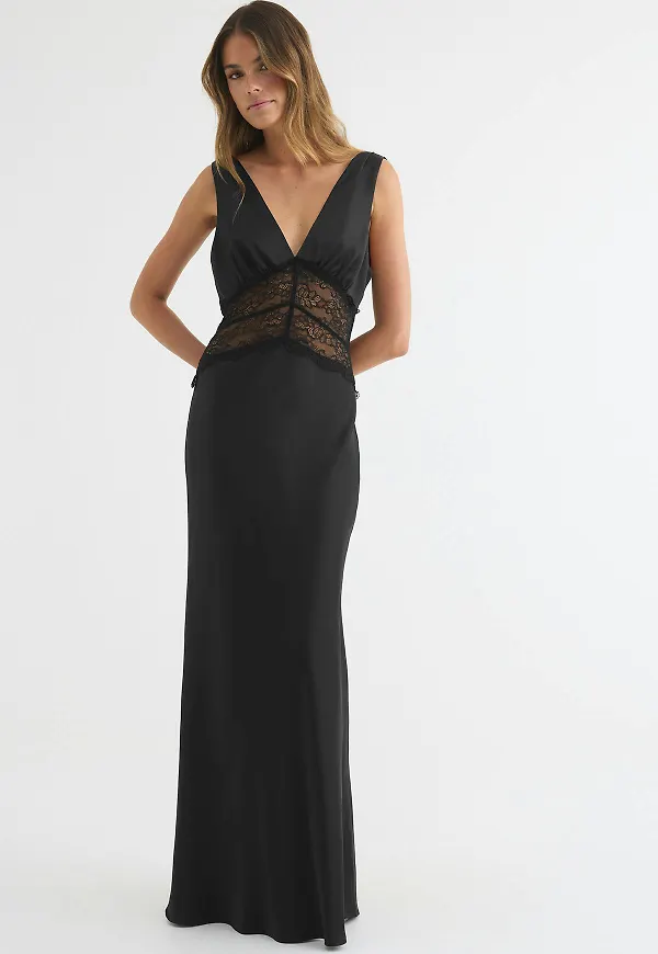 Gina Tricot - Satin lace maxi dress - Långklänningar - Svart - 38 - Dam