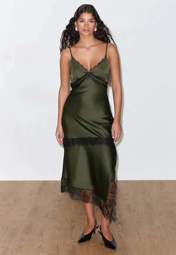 Gina Tricot - Satin lace midi dress - satinklänningar - Grön - 34 - Dam