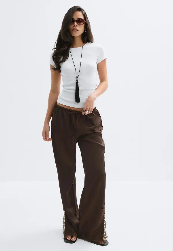 Gina Tricot - Satin lace trousers - satinbyxor - Brun - XS - Dam