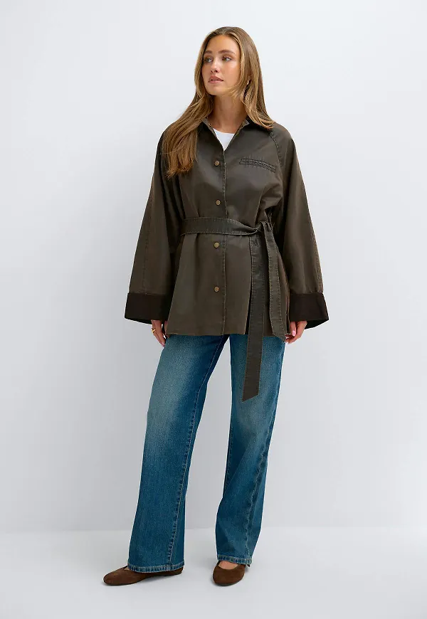 Gina Tricot - Waxed effect belted jacket - jackor - Brun - XS - Dam