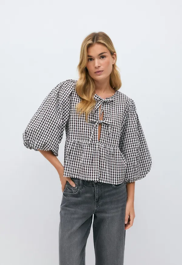 Gina Tricot - Gingham blouse - blusar med puffärm - Brun - XS - Dam