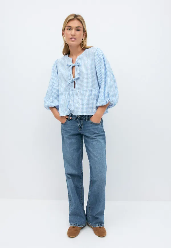 Gina Tricot - Gingham blouse - blusar med puffärm - Blå - XS - Dam