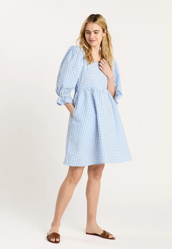 Gingham klänning med puffärm