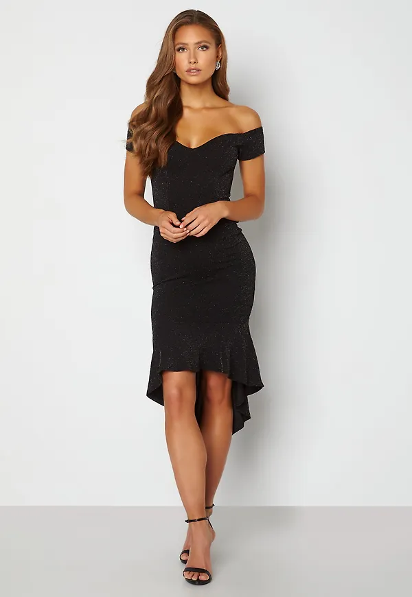 Glitter Off Shoulder Frill High Low Dress