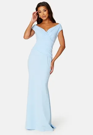 Goddiva Bardot Pleat Maxi Dress Light blue XXL (UK18)