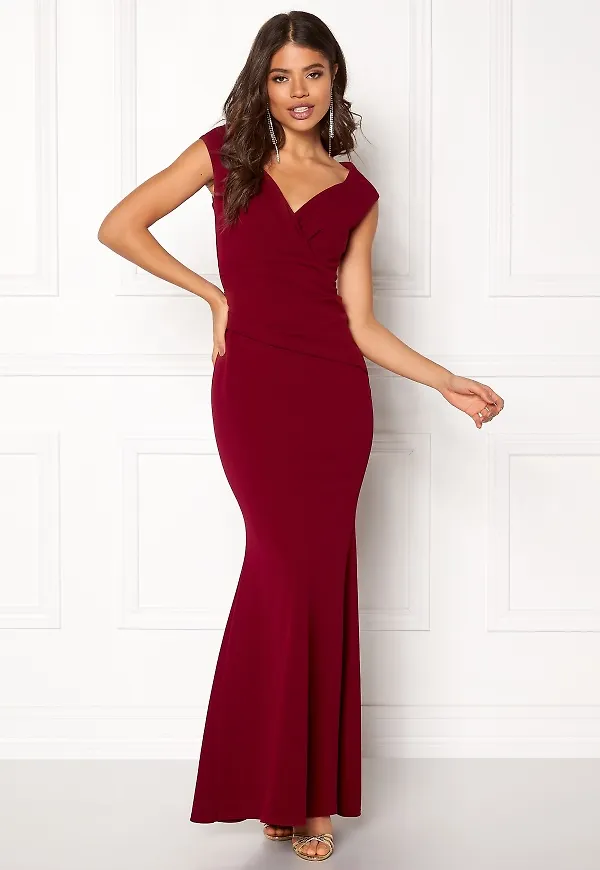 Goddiva Bardot Pleat Maxi Dress Wine XL (UK16)