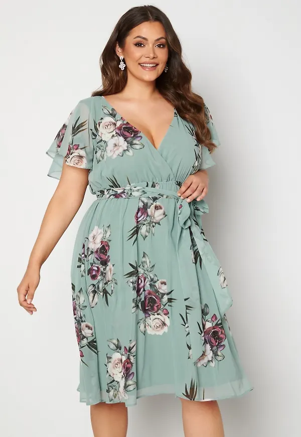 Goddiva Curve Floral Flutter Sleeve Midi Curve Dress Duck Egg 52 (UK24)