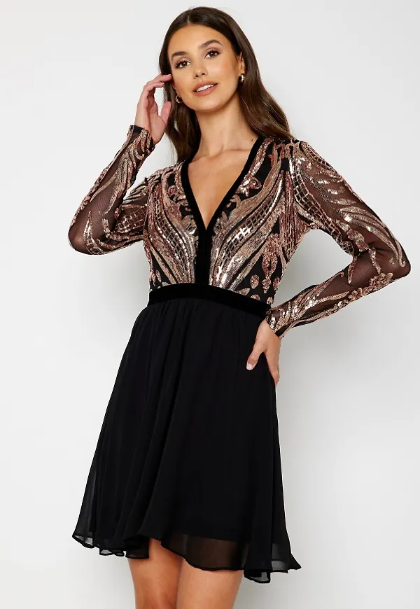 Goddiva Deep V Sequin Bodice Skater Dress Champange XXS (UK6)