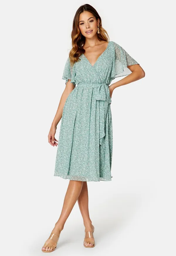 Goddiva Ditsy Flutter Sleeve Midi Dress Duck Egg L (UK14)