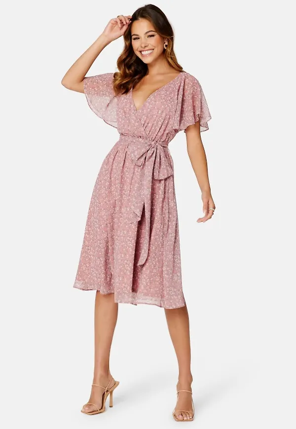 Goddiva Ditsy Flutter Sleeve Midi Dress Lavender L (UK14)