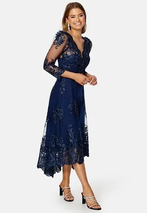 Goddiva Embroidered Lace 3/4 Sleeve Midi Dress Navy M (UK12)