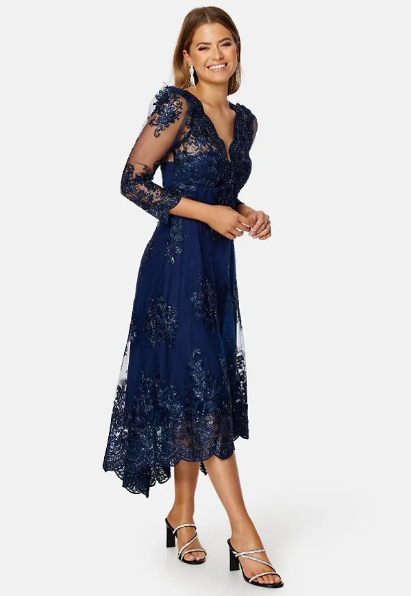 Goddiva Embroidered Lace 3/4 Sleeve Midi Dress Navy S (UK10)