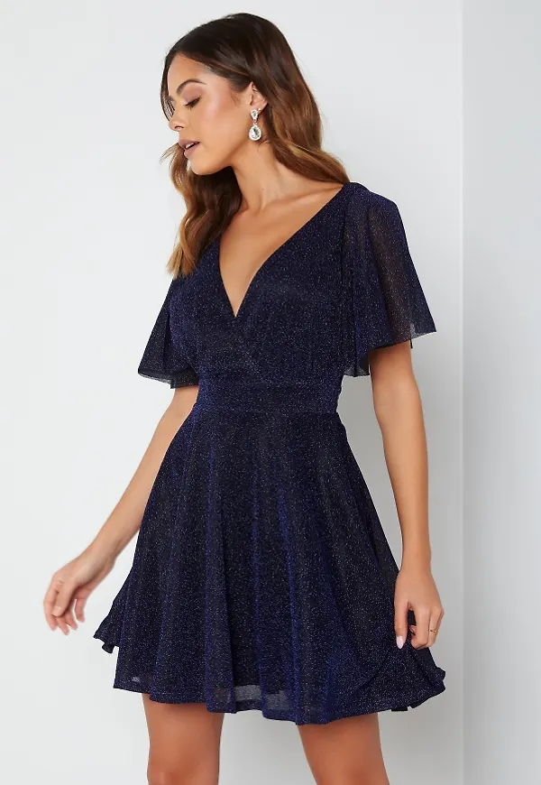 Goddiva Flutter Sleeve Glitter Skater Dress Navy S (UK10)
