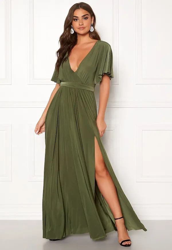 Goddiva Flutter Sleeve Maxi Dress Olive Green L (UK14)