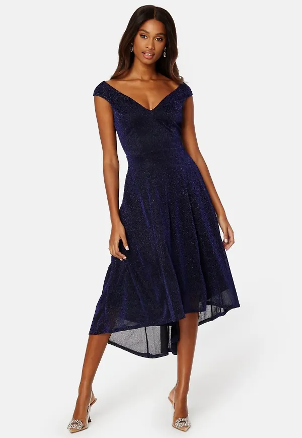 Goddiva Glitter High Low Midi Dress Navy L (UK14)