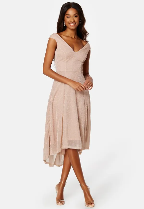 Goddiva Glitter High Low Midi Dress Nude M (UK12)