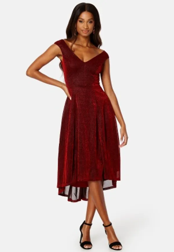 Goddiva Glitter High Low Midi Dress Red L (UK14)