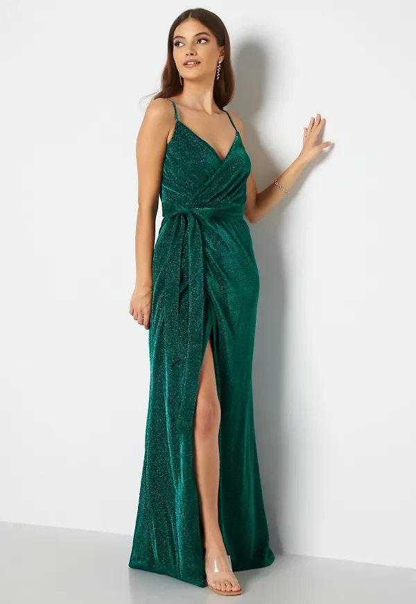 Goddiva Glitter Wrap Front Maxi Dress Emerald XXS (UK6)