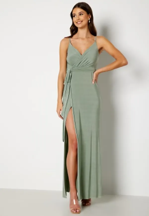 Goddiva Wrap Front Maxi Dress Dark Sage L (UK14)