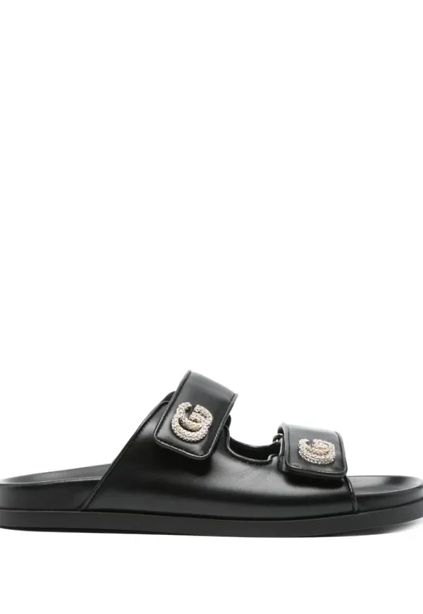 Gucci, Skor, Dam, 40 EU, Läder, Kristalldekorerade Svarta Lädersandaler