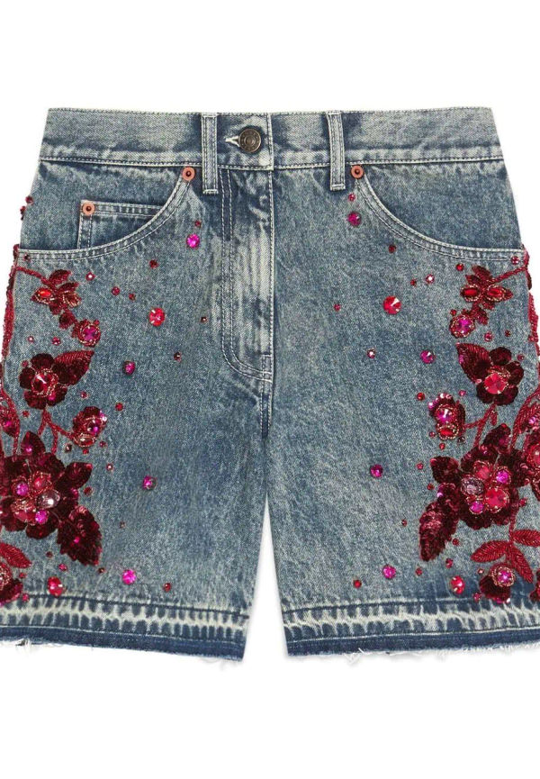Gucci blommiga jeansshorts med paljetter - Blå