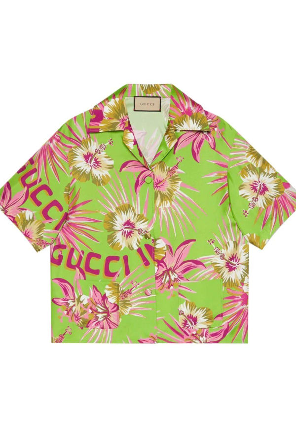 Gucci kortärmad blommig sidenskjorta - Grön