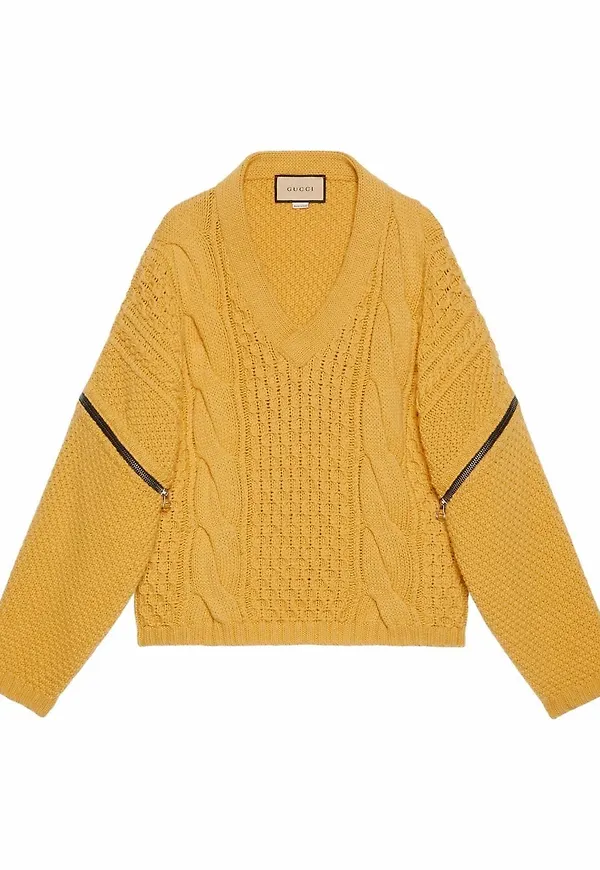 Gucci v-ringad kabelstickad tröja - Gul