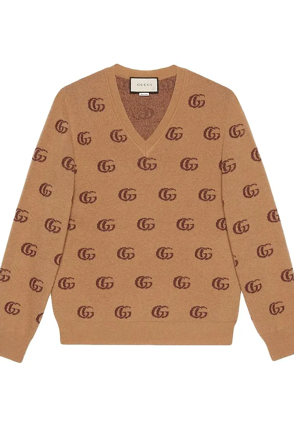 Gucci v-ringad tröja i jacquard - Brun