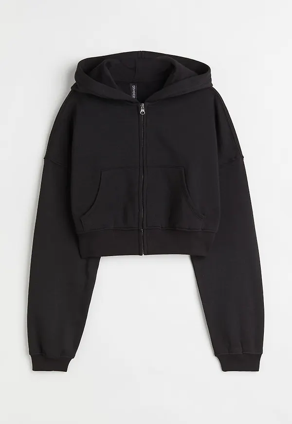 H & M - Cropped zip-through hoodie - Svart