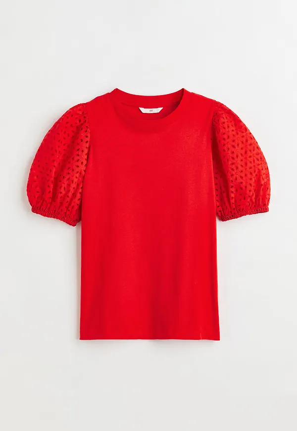 H & M - Embroidered-sleeve T-shirt - Röd