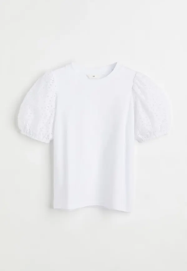 H & M - Embroidered-sleeve T-shirt - Vit