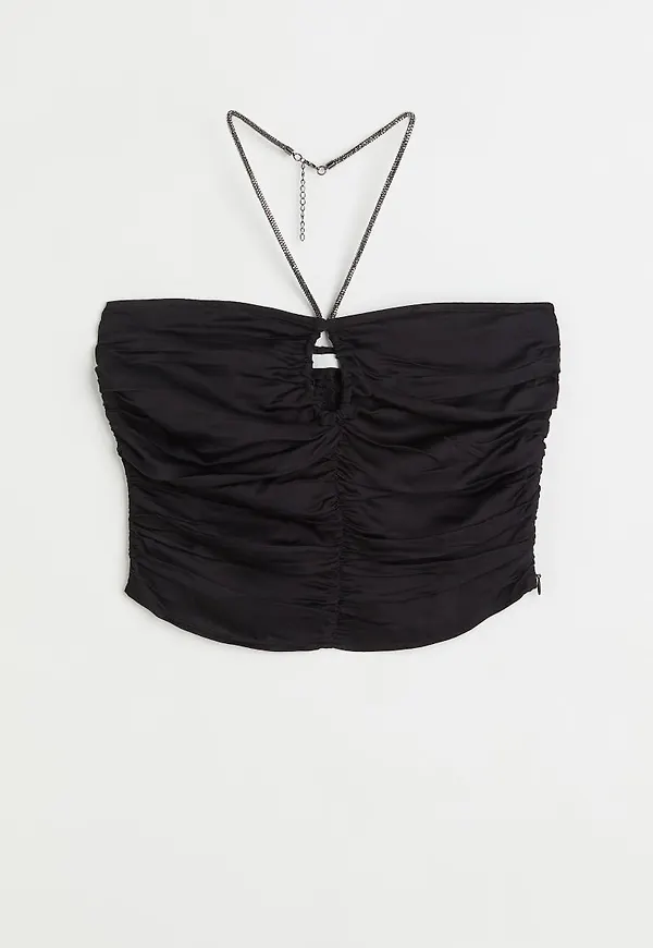 H & M - Halternecktopp i rynkad satin - Svart