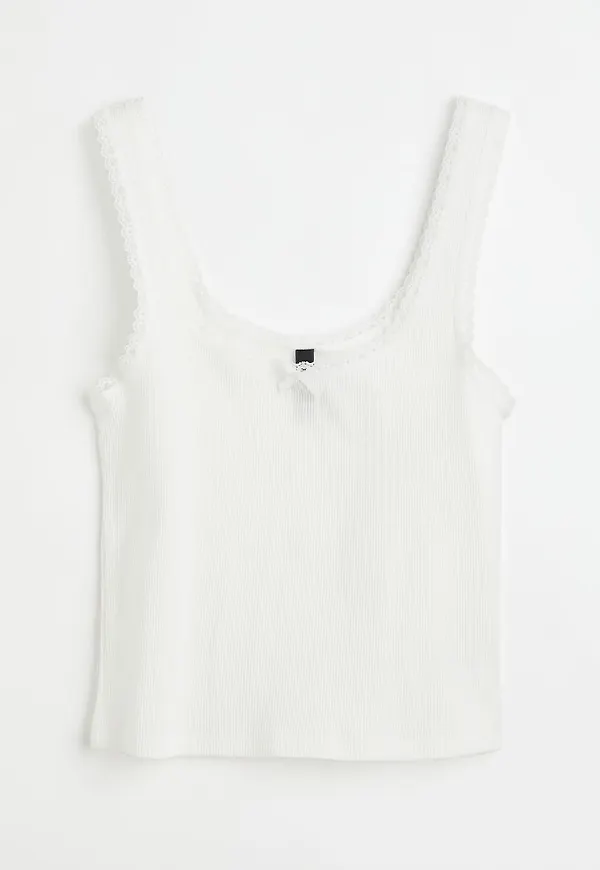 H & M - Lace-trimmed pointelle vest top - Vit