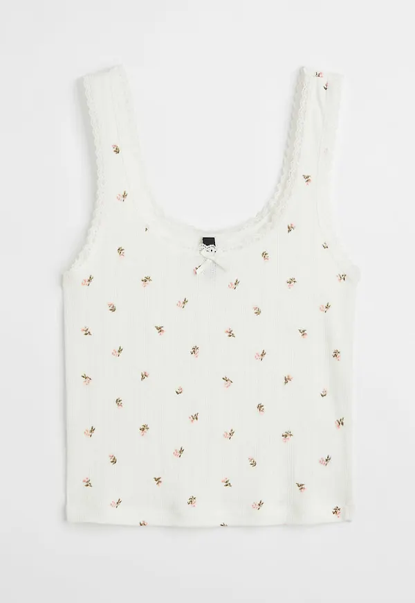 H & M - Lace-trimmed pointelle vest top - Vit