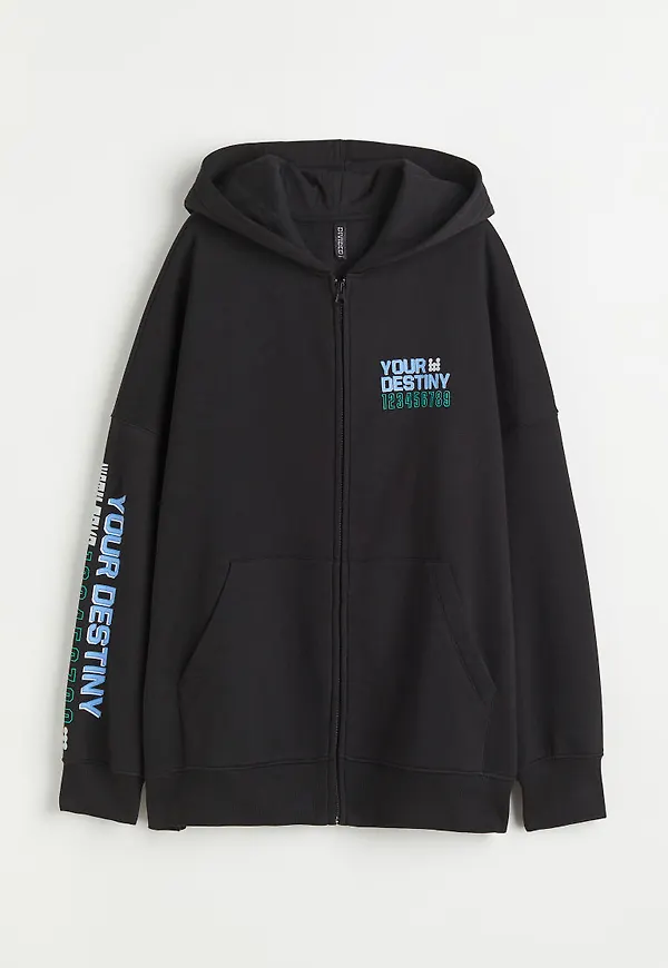 H & M - Oversized printed zip-through hoodie - Svart