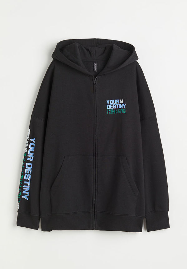 H & M - Oversized printed zip-through hoodie - Svart