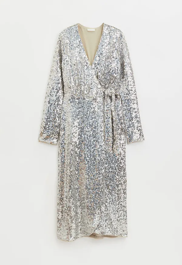 H & M - Paljettbroderad omlottklänning - Beige