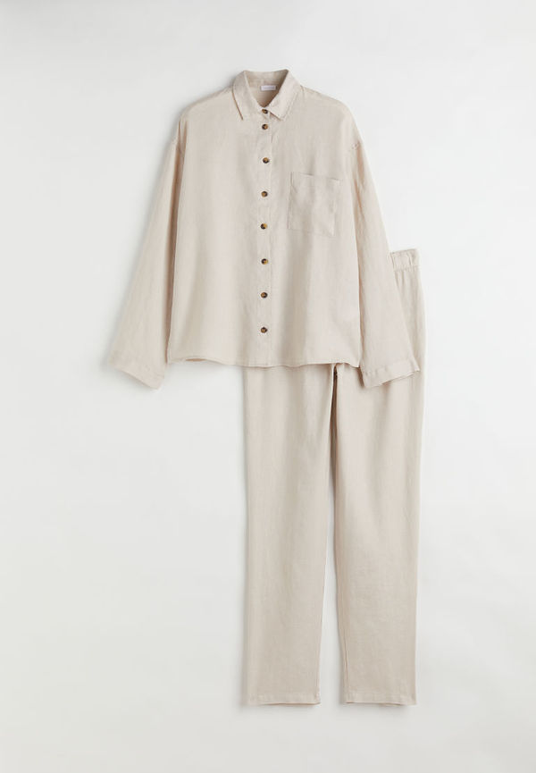 H & M - Pyjamas i tvättat linne - Beige