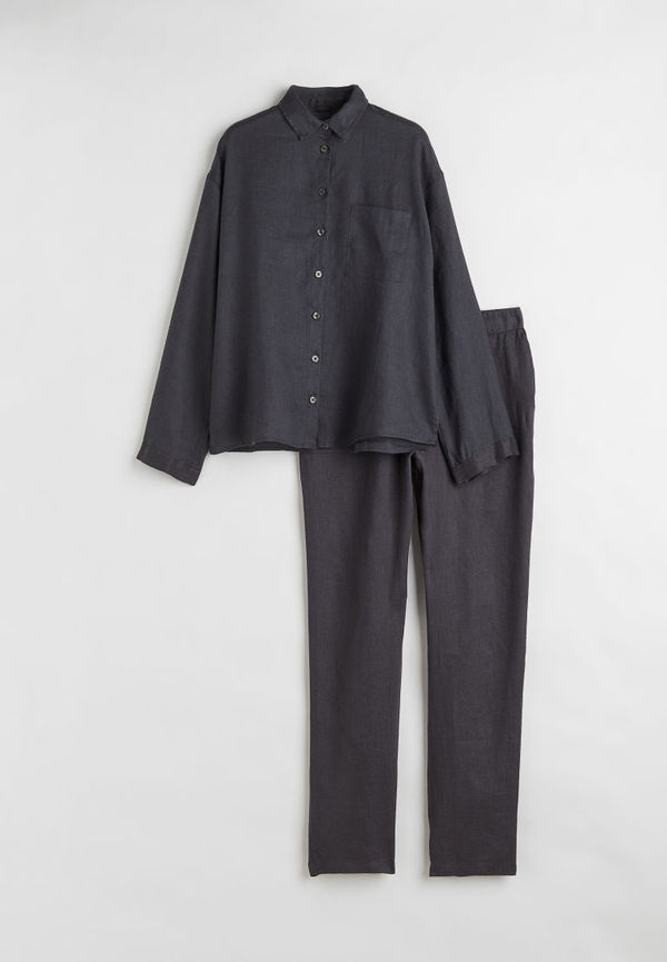 H & M - Pyjamas i tvättat linne - Grå