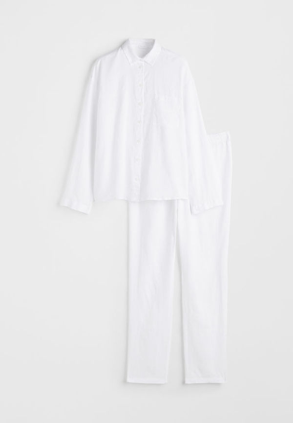 H & M - Pyjamas i tvättat linne - Vit